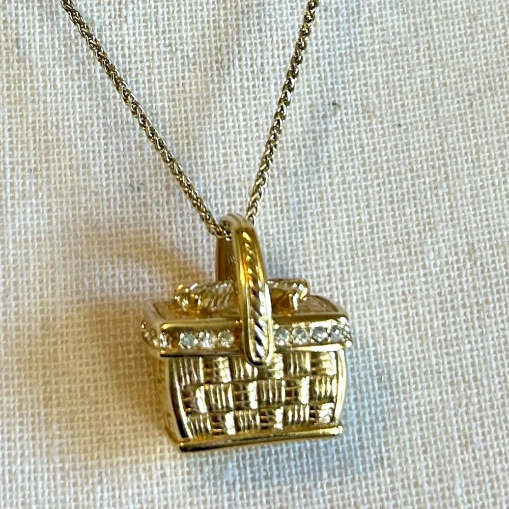 Vintage 1990s Swarovski Picnic Basket Pendant Necklace Gold-Tone & Crystal